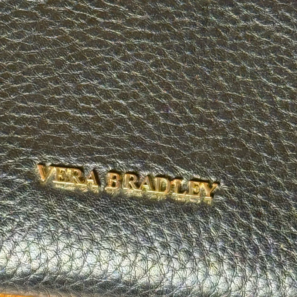 Vera Bradley Black Pebbled Leather Studded Wallet Leopard Print Interior 4”x7” - Picture 3 of 10